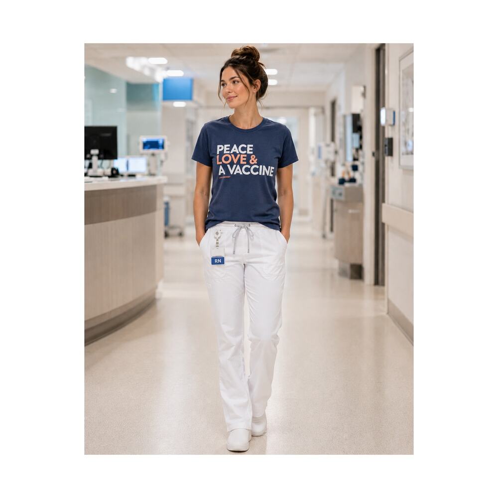 Life Is Good Womens Tee Size M Peace Love & A Vaccine Graphic Blue Crew Neck NWT